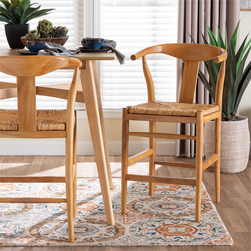 Pemberly Row Contemporary Seagrass Wishbone Counter Stool with Footrest