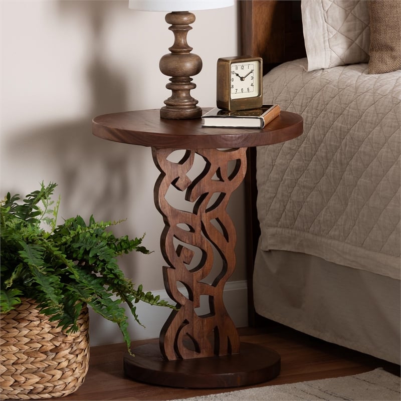Pemberly Row Carved Mahogany Pedestal Nightstand with Round Top