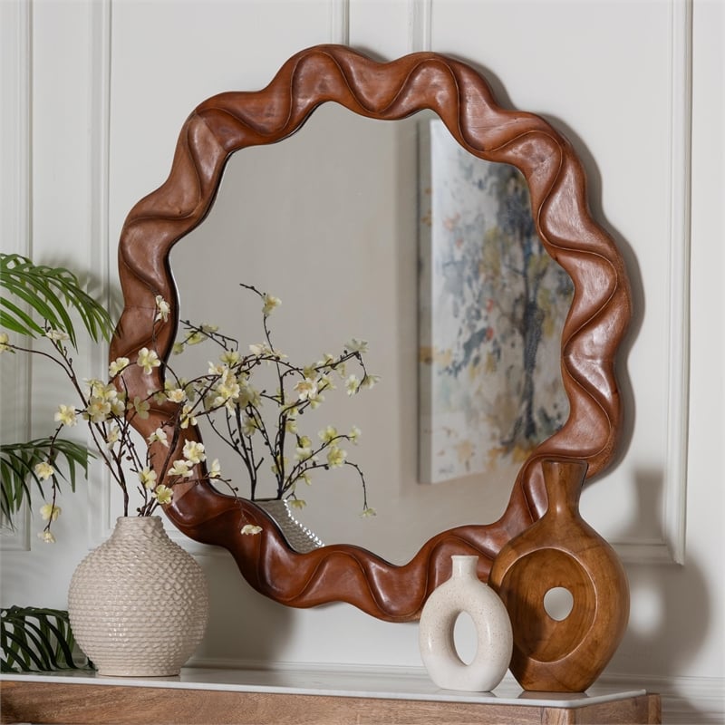 Pemberly Row Round Wall Mirror with Sculpted Wavy Scalloped Frame