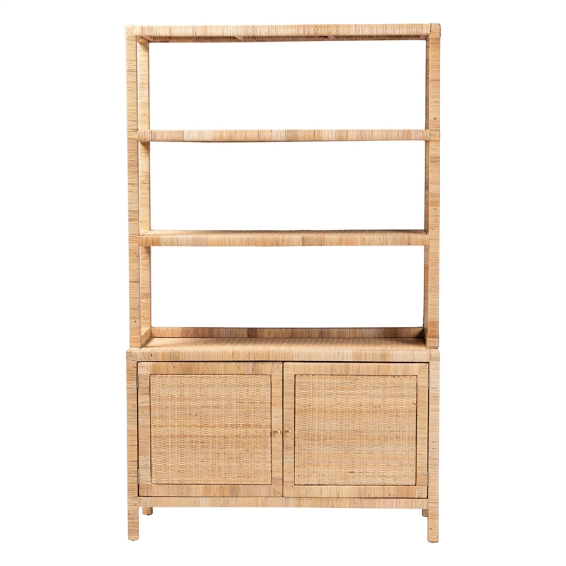Pemberly Row Rattan 4-Tier Open Shelf Storage Cabinet with Doors