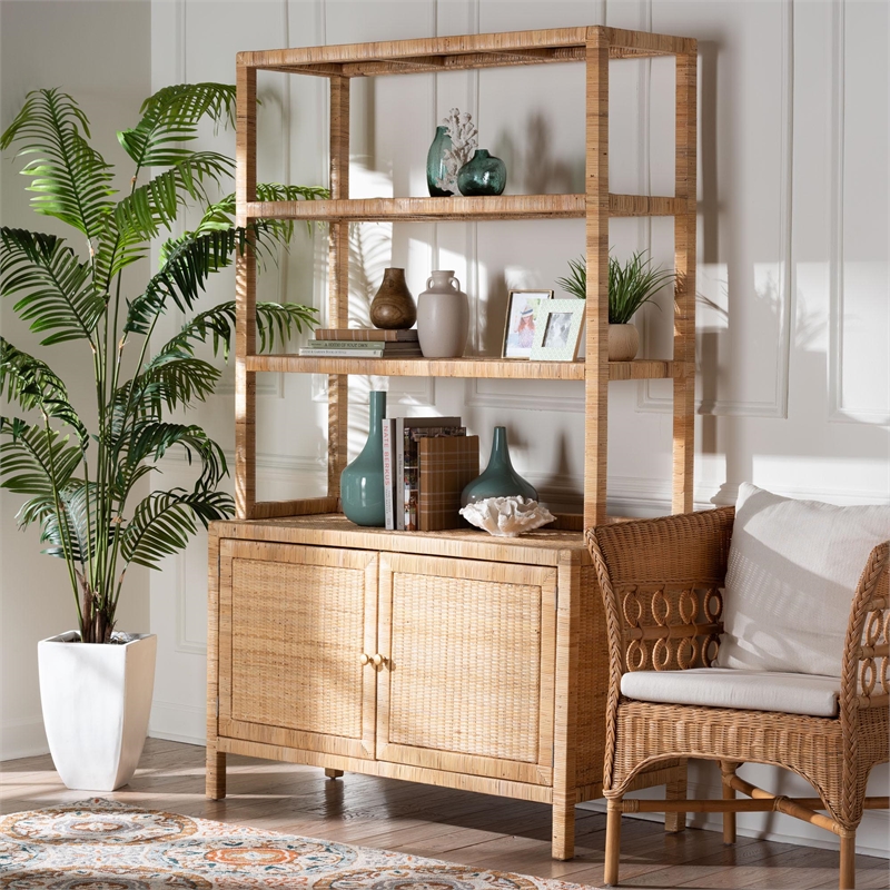 Pemberly Row Rattan 4-Tier Open Shelf Storage Cabinet with Doors