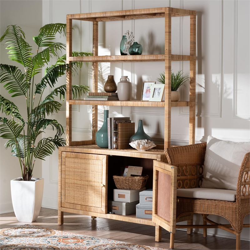 Pemberly Row Rattan 4-Tier Open Shelf Storage Cabinet with Doors