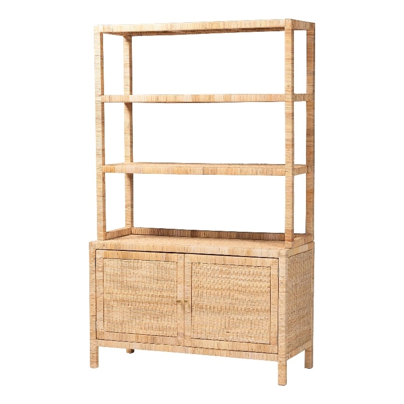 Pemberly Row Rattan 4-Tier Open Shelf Storage Cabinet with Doors