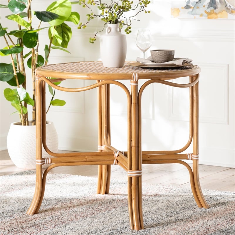 Pemberly Row Natural Rattan Round Bistro Dining Table in Beige