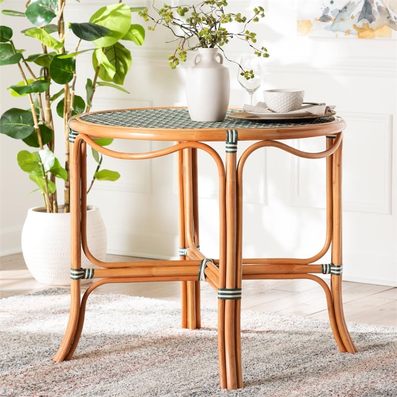 Pemberly Row Natural Rattan Round Bistro Dining Table in Green