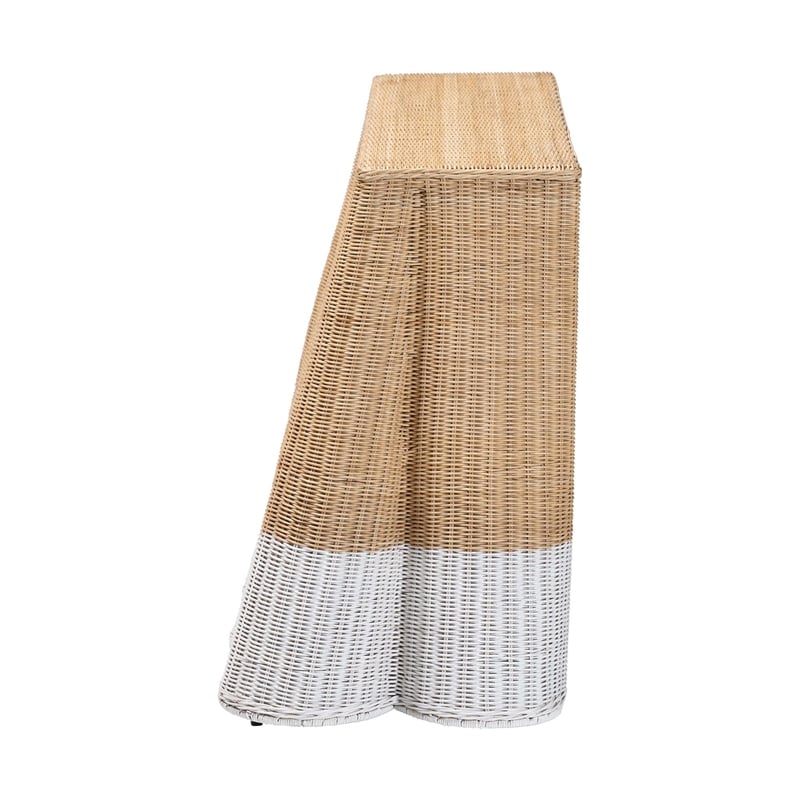 Pemberly Row Scallop Rattan Console Table in White and Natural