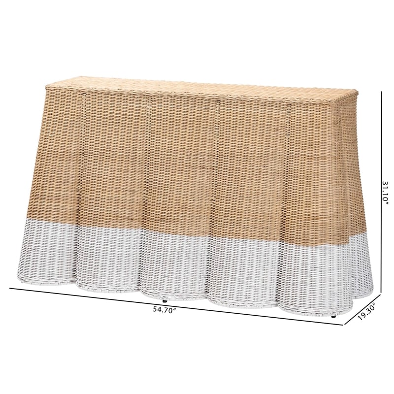 Pemberly Row Scallop Rattan Console Table in White and Natural