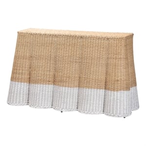 Pemberly Row Scallop Rattan Console Table in White and Natural