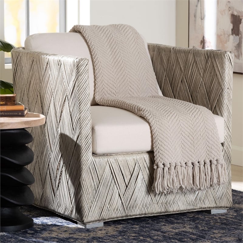 Pemberly Row Natural Rattan Tuxedo Lounge Chair with Cushions