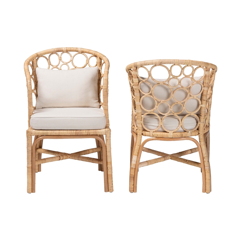 Pemberly Row Natural Rattan 2-Piece Dining Chair Set with Bubble Motif