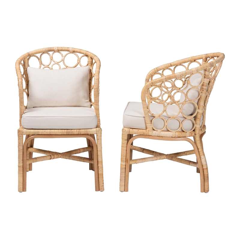 Pemberly Row Natural Rattan 2-Piece Dining Chair Set with Bubble Motif