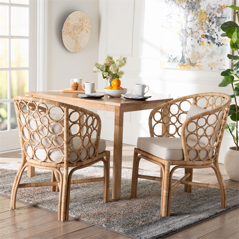 Pemberly Row Natural Rattan 2-Piece Dining Chair Set with Bubble Motif
