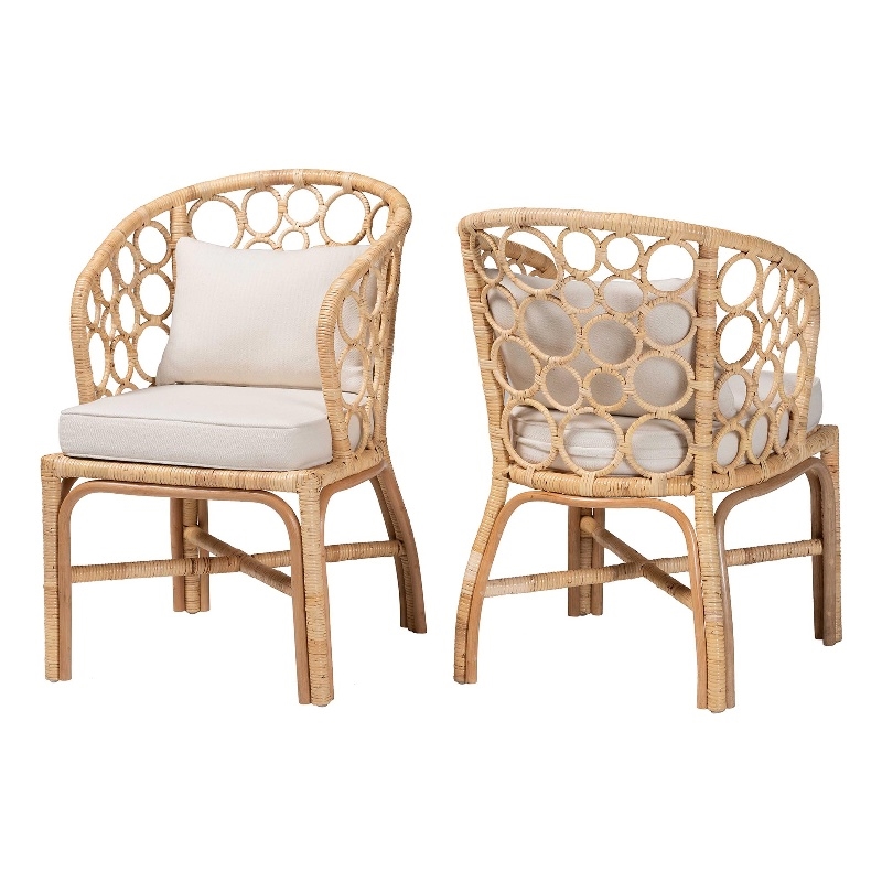 Pemberly Row Natural Rattan 2-Piece Dining Chair Set with Bubble Motif