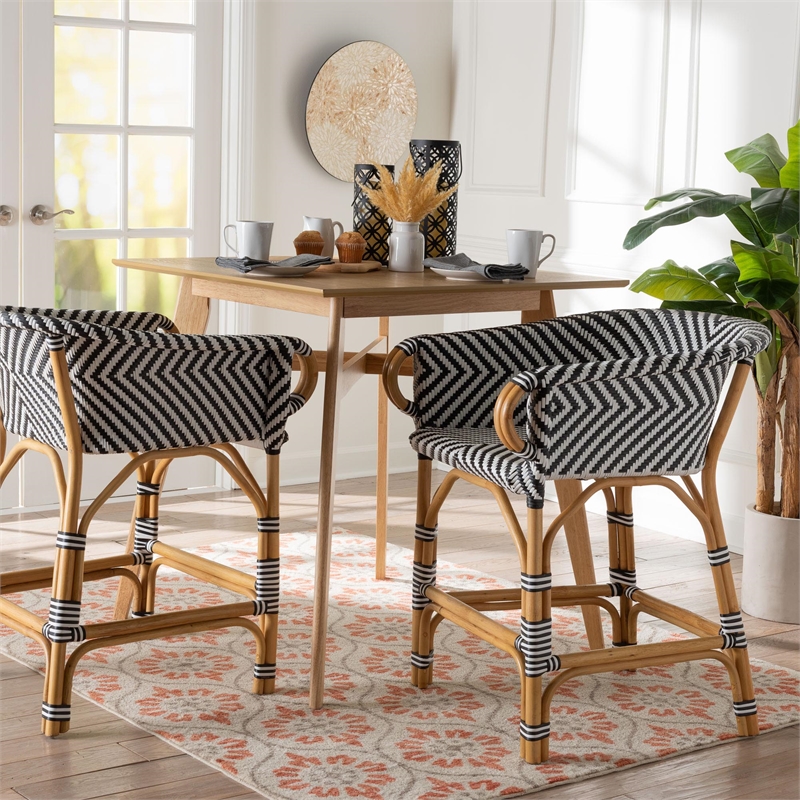 Pemberly Row Rattan Bistro Counter Stool with Footrest and Armrests