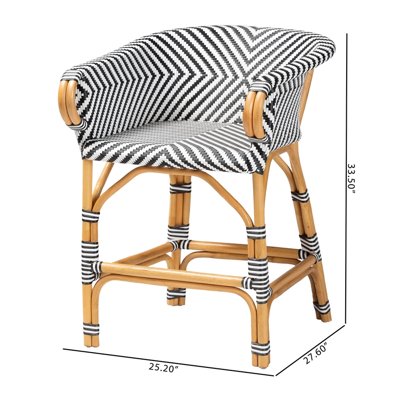 Pemberly Row Rattan Bistro Counter Stool with Footrest and Armrests