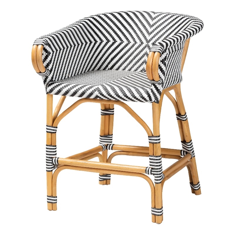 Pemberly Row Rattan Bistro Counter Stool with Footrest and Armrests