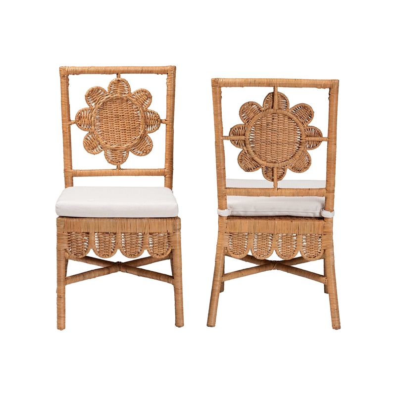 Pemberly Row Natural Rattan 2-Piece Dining Chair Set with Floral Back