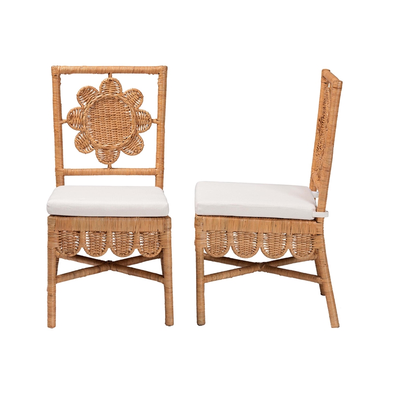 Pemberly Row Natural Rattan 2-Piece Dining Chair Set with Floral Back