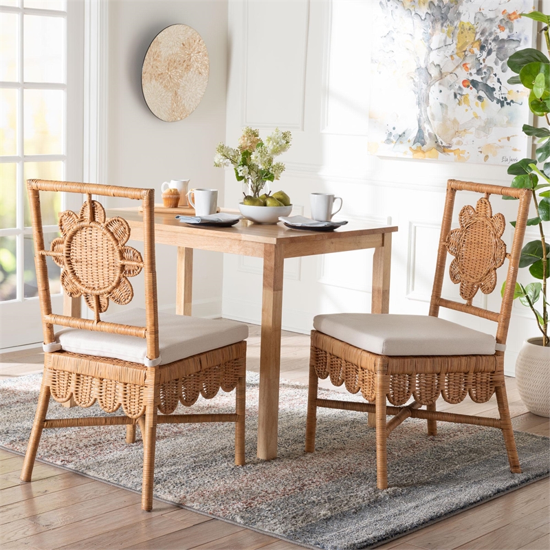 Pemberly Row Natural Rattan 2-Piece Dining Chair Set with Floral Back