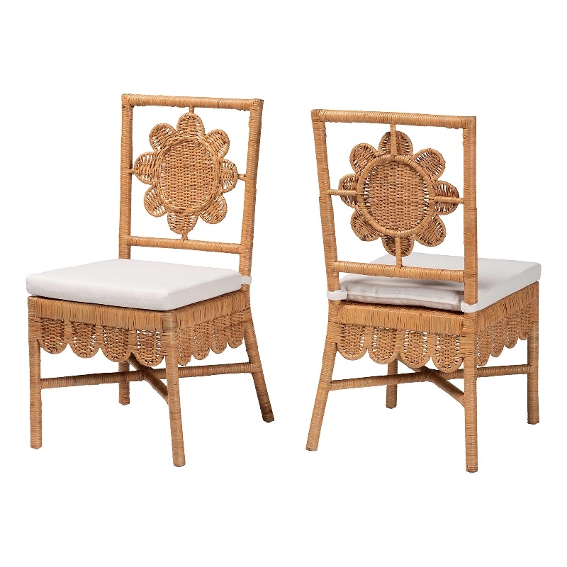 Pemberly Row Natural Rattan 2-Piece Dining Chair Set with Floral Back