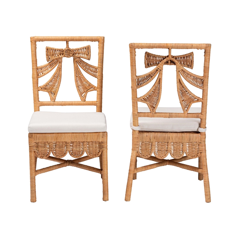 Pemberly Row Natural Rattan 2-Piece Dining Chair Set with Bow Back