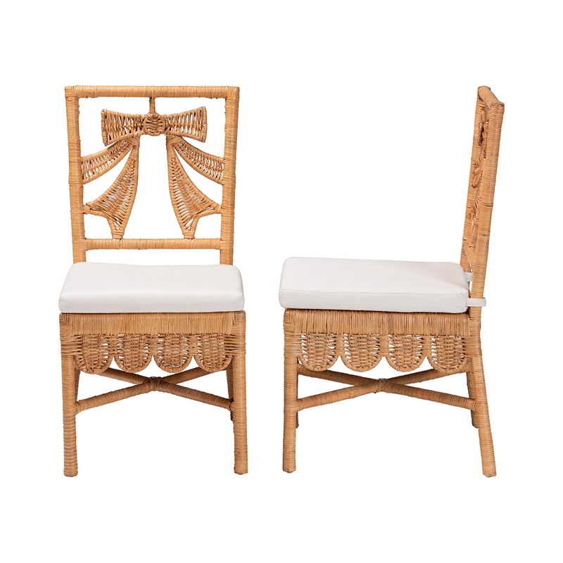 Pemberly Row Natural Rattan 2-Piece Dining Chair Set with Bow Back