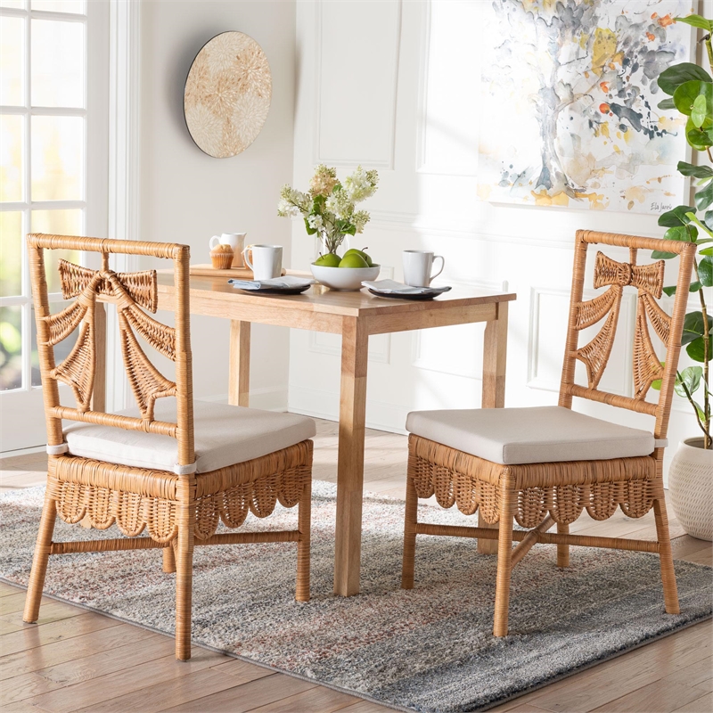 Pemberly Row Natural Rattan 2-Piece Dining Chair Set with Bow Back
