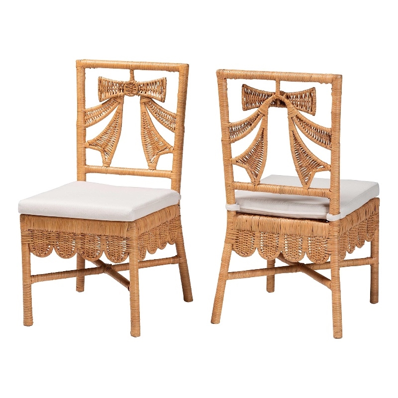 Pemberly Row Natural Rattan 2-Piece Dining Chair Set with Bow Back