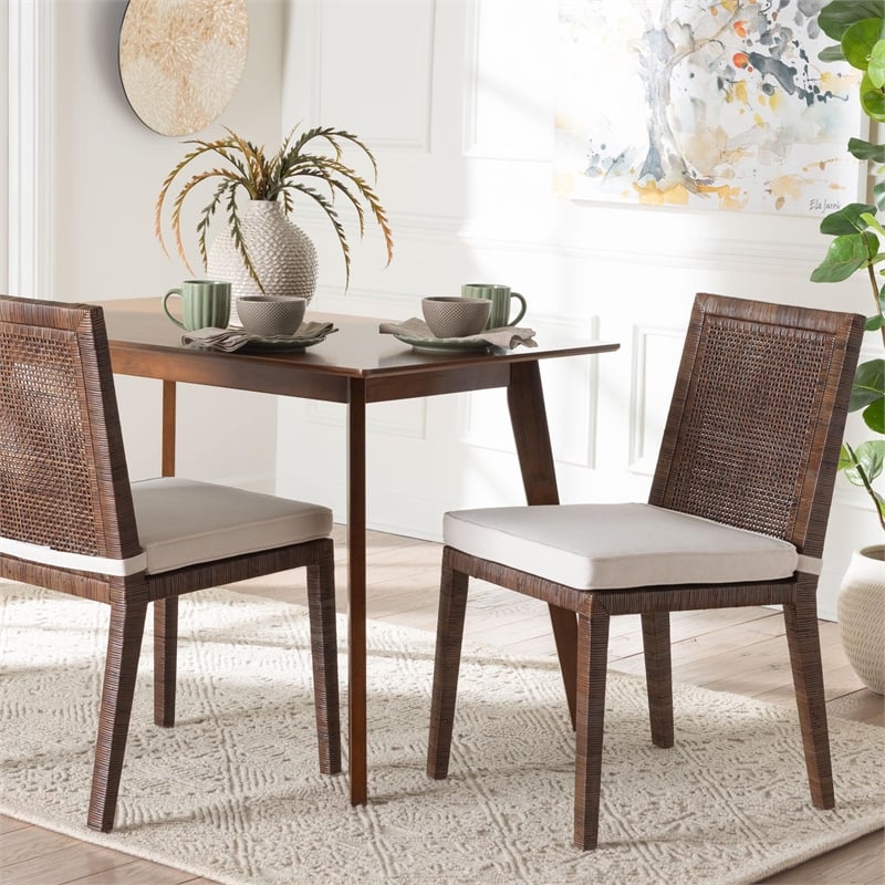 Pemberly Row Rattan Dining Chair with Lattice Back in Antique Coffee