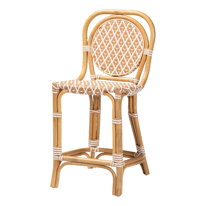 Pemberly Row Rattan Bistro Counter Stool with Round Back in Beige