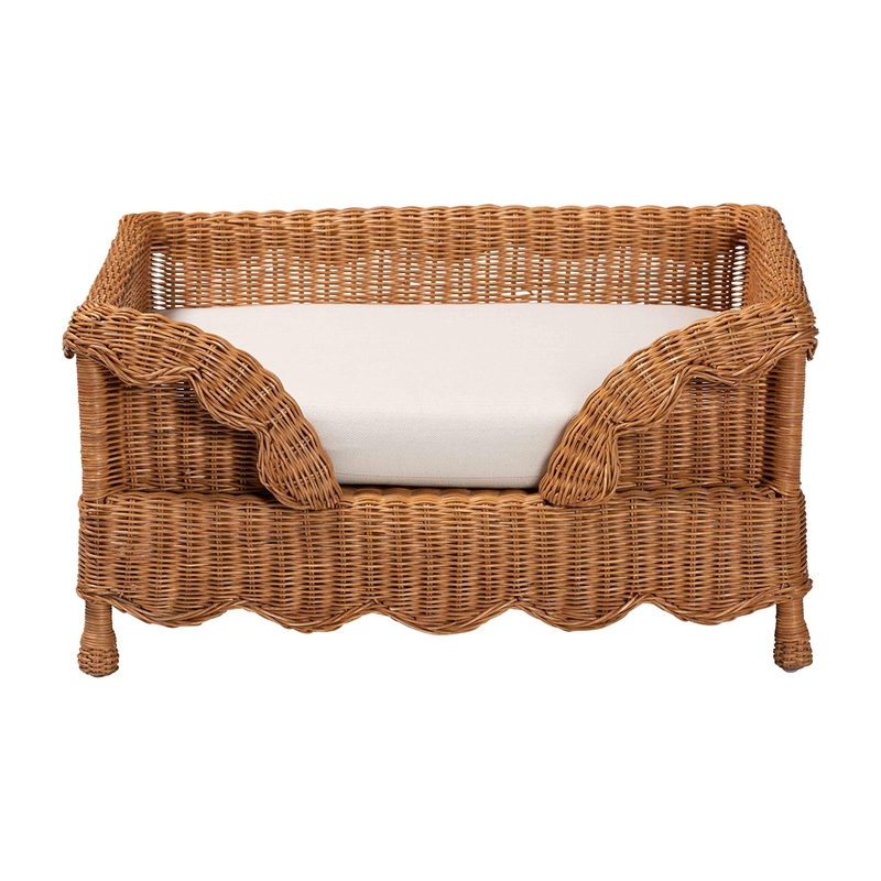 Pemberly Row Natural Rattan Pet Bed with Scalloped Sides and Cushion