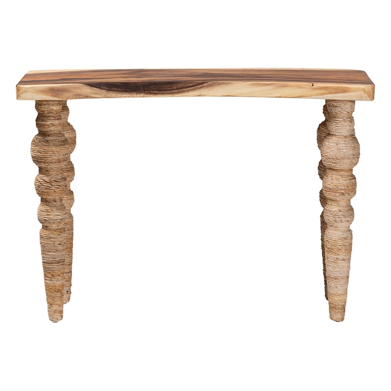 Pemberly Row Teak and Seagrass Console Table with Bobbin Legs