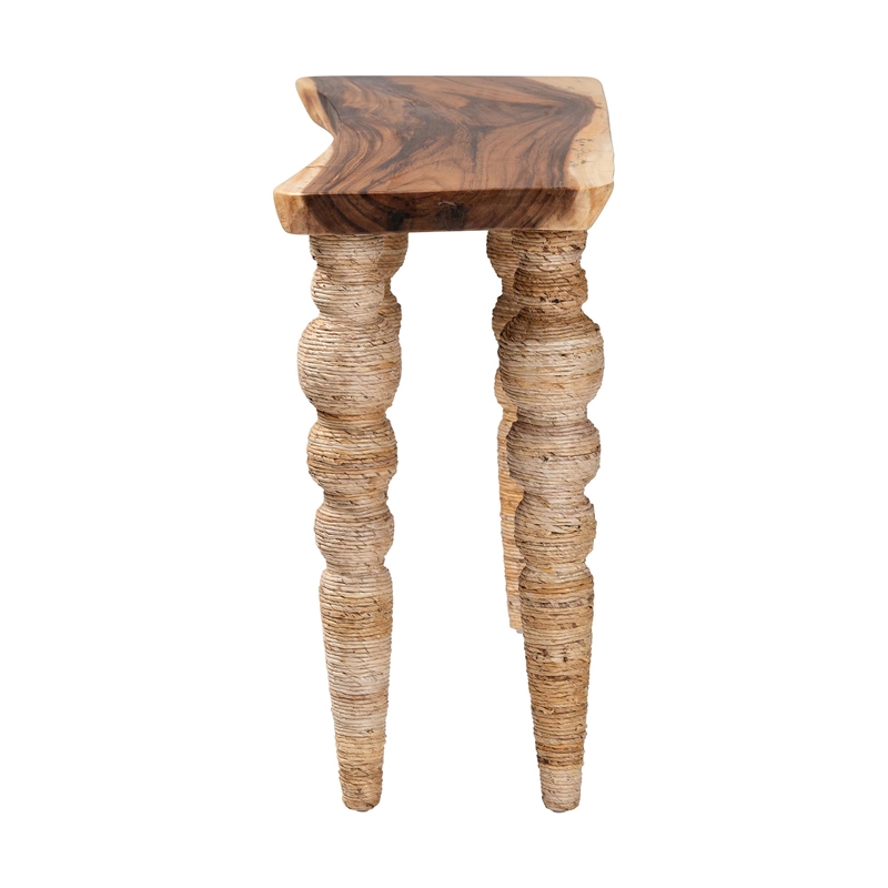Pemberly Row Teak and Seagrass Console Table with Bobbin Legs