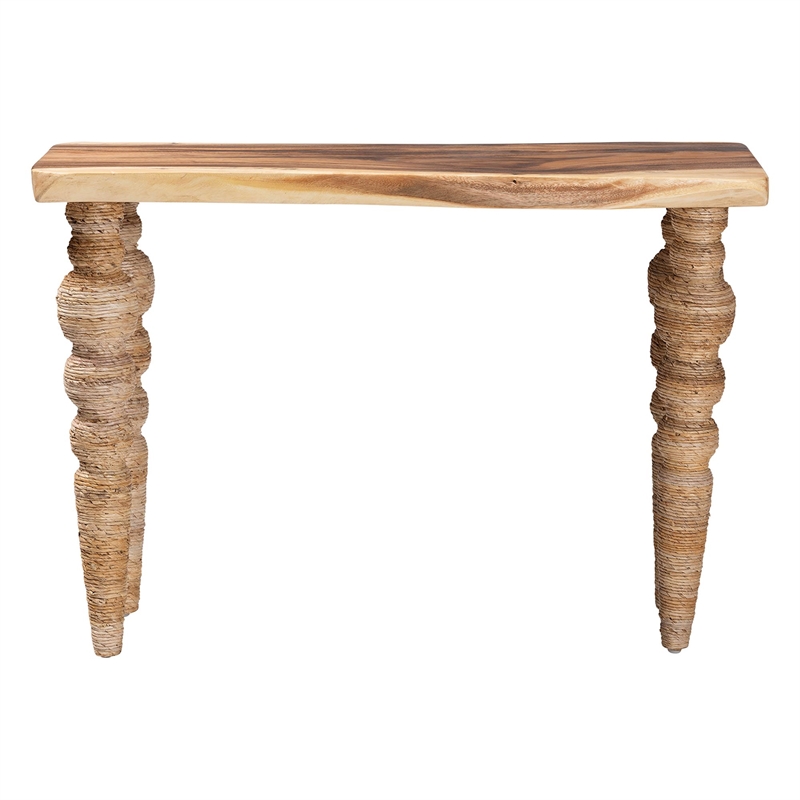 Pemberly Row Teak and Seagrass Console Table with Bobbin Legs