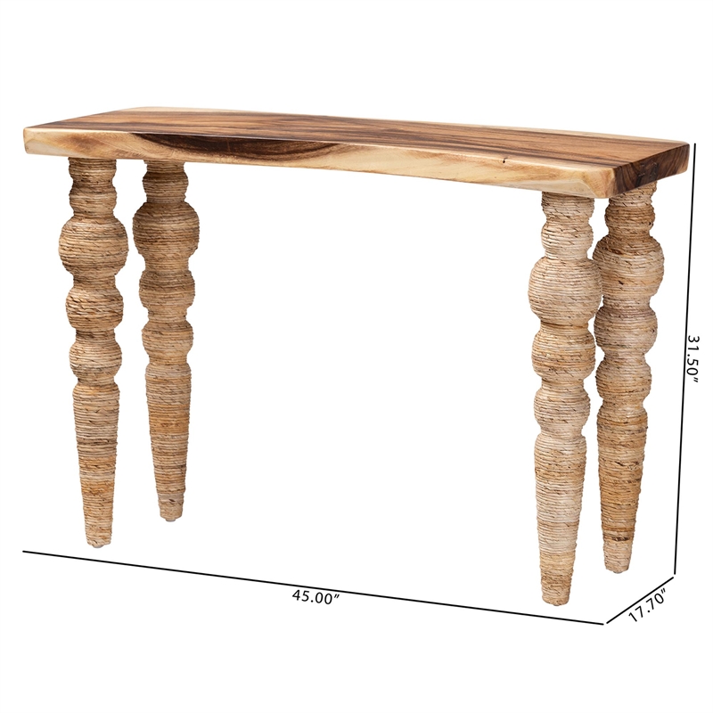 Pemberly Row Teak and Seagrass Console Table with Bobbin Legs