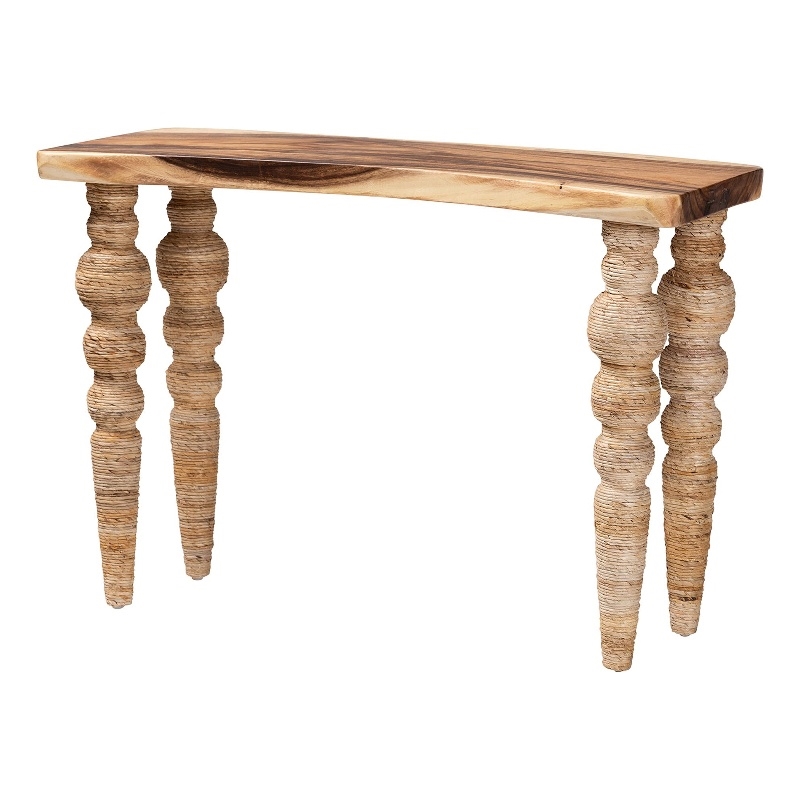Pemberly Row Teak and Seagrass Console Table with Bobbin Legs