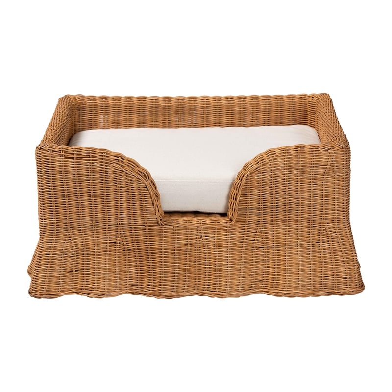 Pemberly Row Natural Rattan Pet Bed with Scalloped Base and Cushion