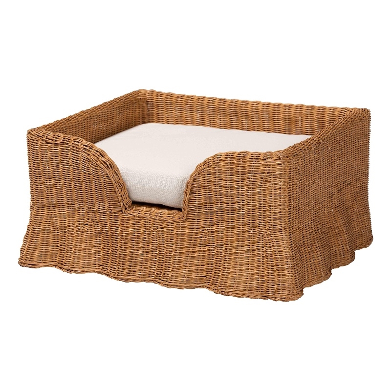 Pemberly Row Natural Rattan Pet Bed with Scalloped Base and Cushion