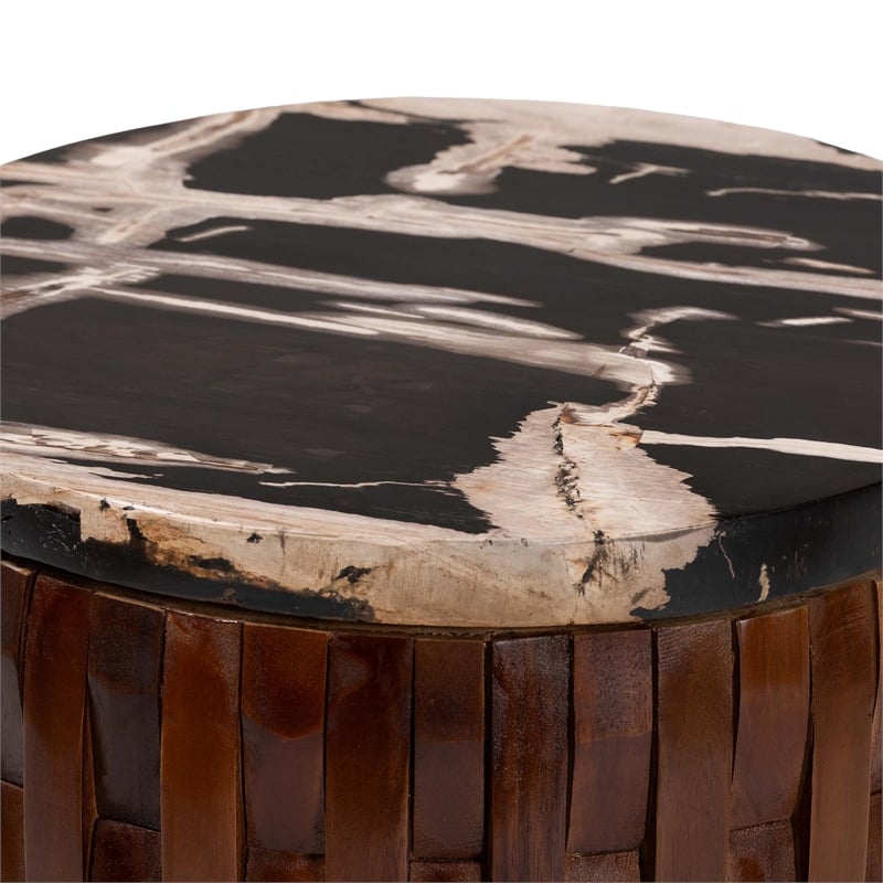 Pemberly Row Petrified Wood Top Drum End Table with Lattice Frame