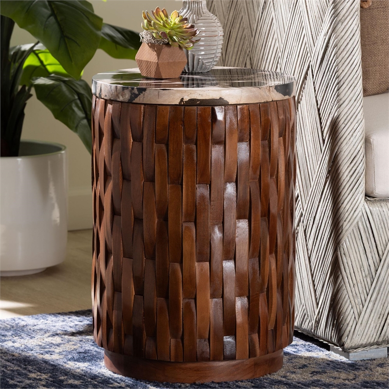 Pemberly Row Petrified Wood Top Drum End Table with Lattice Frame