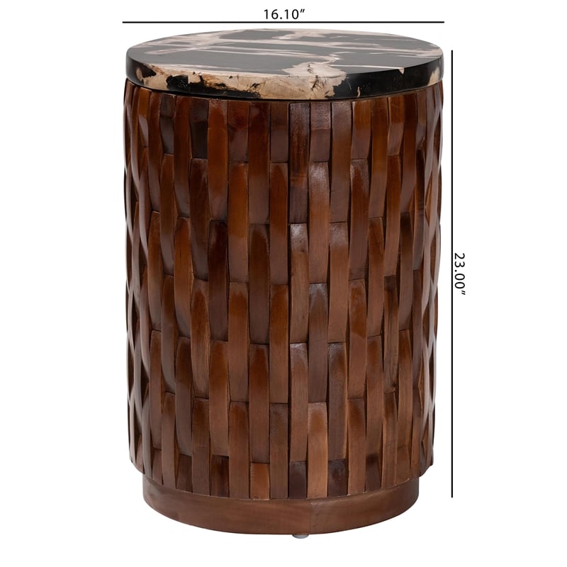 Pemberly Row Petrified Wood Top Drum End Table with Lattice Frame
