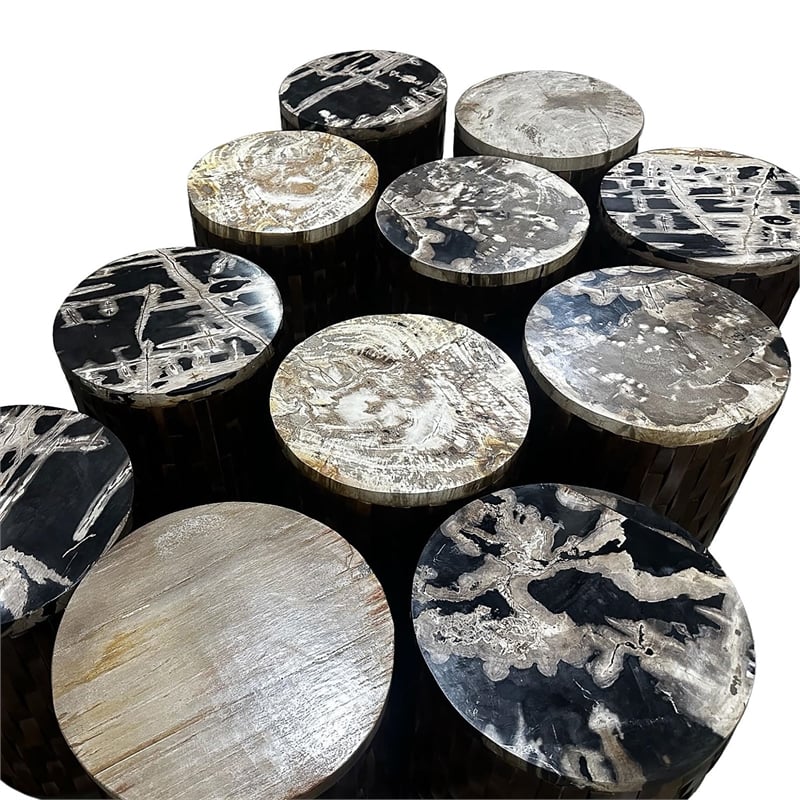 Pemberly Row Petrified Wood Top Drum End Table with Lattice Frame