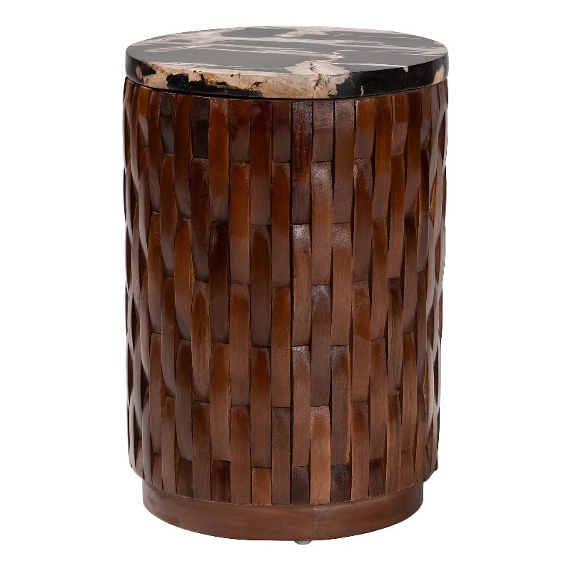 Pemberly Row Petrified Wood Top Drum End Table with Lattice Frame