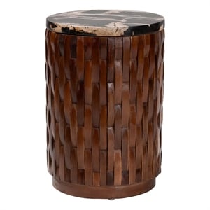Pemberly Row Petrified Wood Top Drum End Table with Lattice Frame