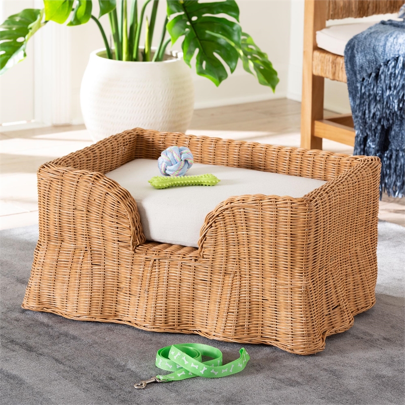 Pemberly Row Natural Rattan Pet Bed with Scalloped Base and Cushion