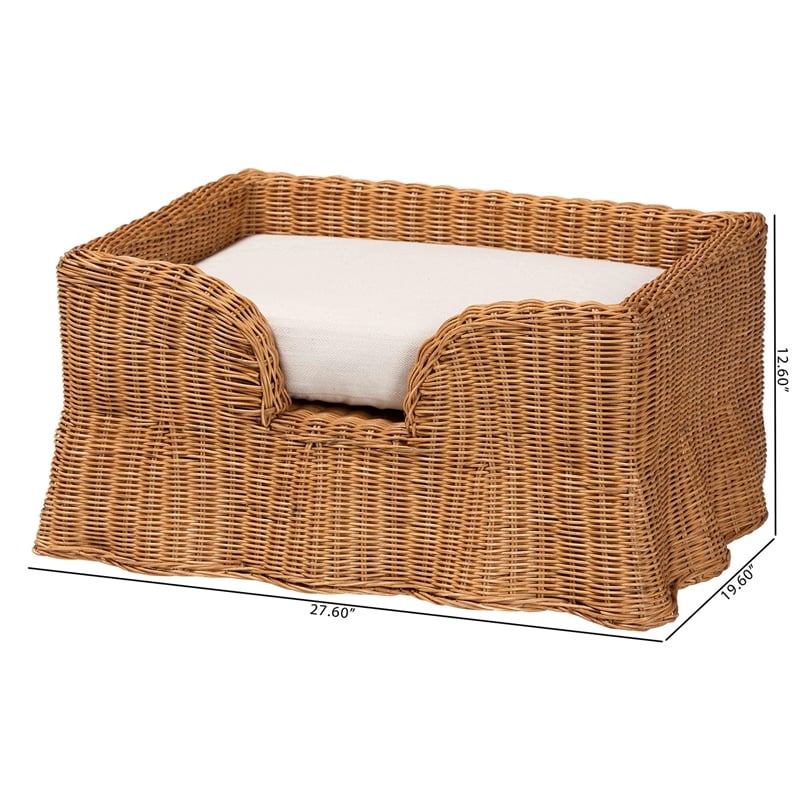Pemberly Row Natural Rattan Pet Bed with Scalloped Base and Cushion