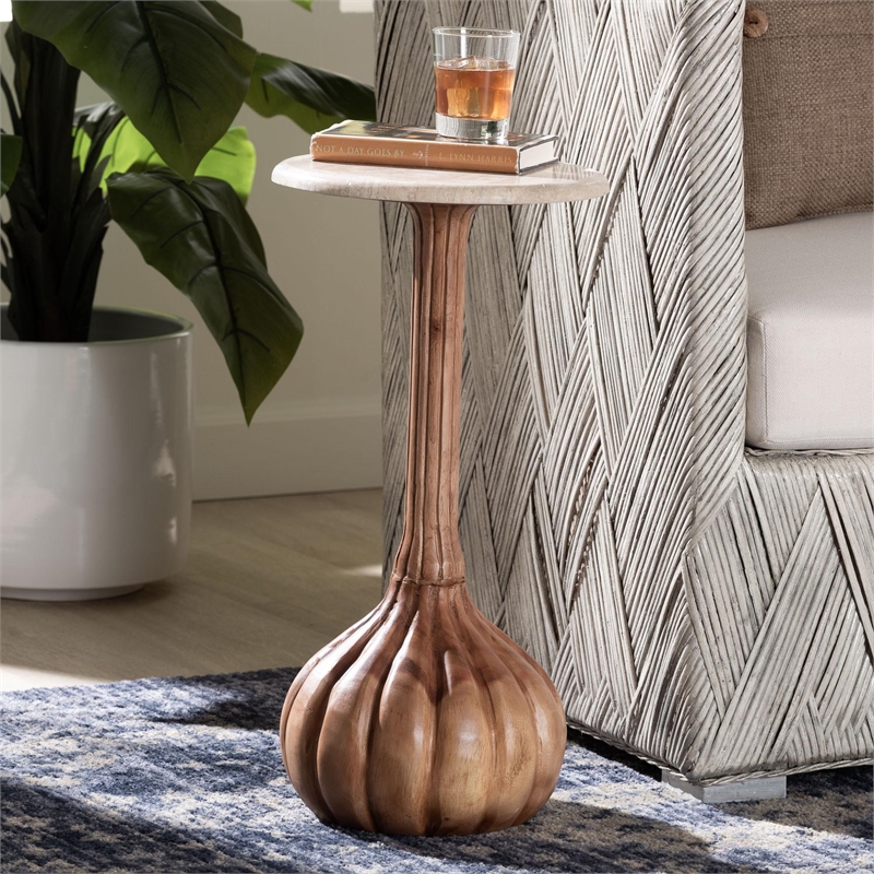 Pemberly Row Contemporary Marble Stone Top Sculpted Pedestal End Table