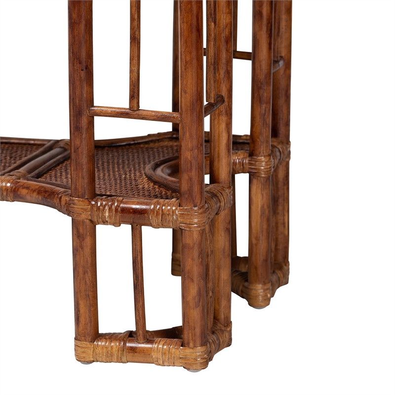 Pemberly Row Marbled Tortoise Rattan Console Table with Shelf