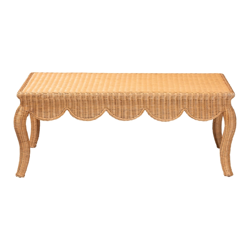 Pemberly Row Rattan Coffee Table with Scalloped Edge and Cabriole Legs