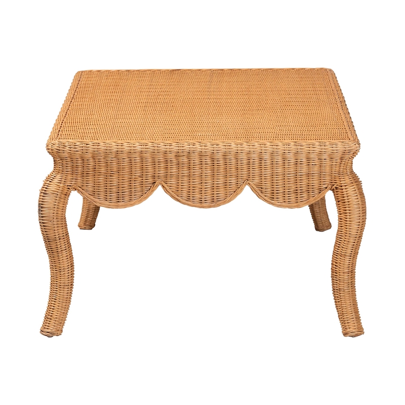 Pemberly Row Rattan Coffee Table with Scalloped Edge and Cabriole Legs